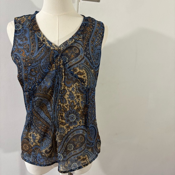A.N.A A New Approach Blue Brown Beige Paisley Pleated V-Neck Tank Top Sz SP Boho - Picture 1 of 9